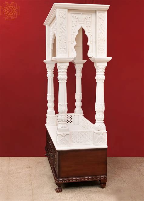 72 Large Designer White Marble Temple With Wood Wooden Pooja Mandir