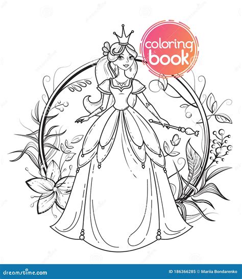 Princess Standing In Beautiful Dress With Magic Wand Coloring Book