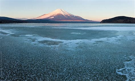 Ice On Lake Yamanaka Snow Covered Mount Fuji Background Japan By