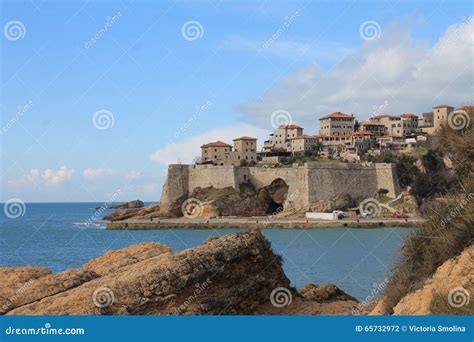 Stari Grad And Adriatic Sea View Montenegro Ulcinj Winter Stock