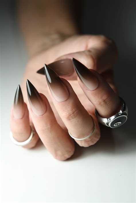 Goth Ombre Nude To Black Press On Nails Stiletto Almond Square Long Short Reusable Acrylic