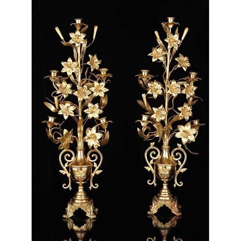 Pareja De Candelabros De Iglesia Franceses En Bronce Dorado 72 Cms