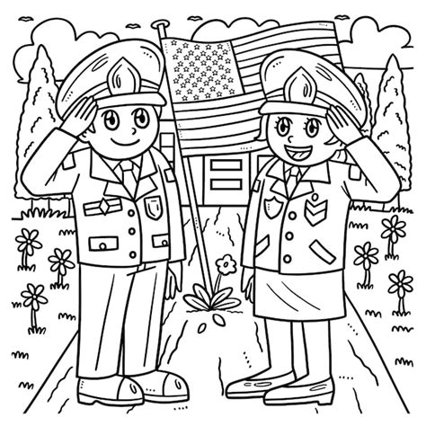 Coloriage du soldat du Memorial Day Salut à la main Vecteur Premium