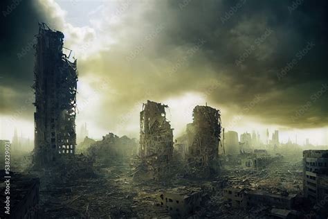 A post-apocalyptic ruined city. Destroyed buildings, destroyed roads ...