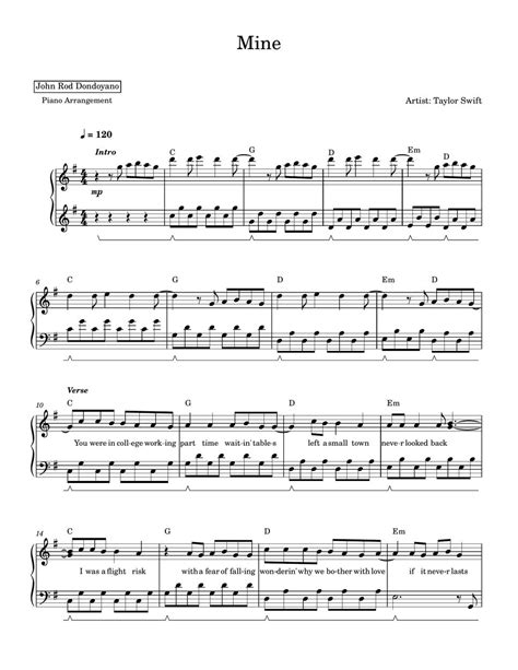 Taylor Swift Mine Piano Sheet Sheets By John Rod Dondoyano