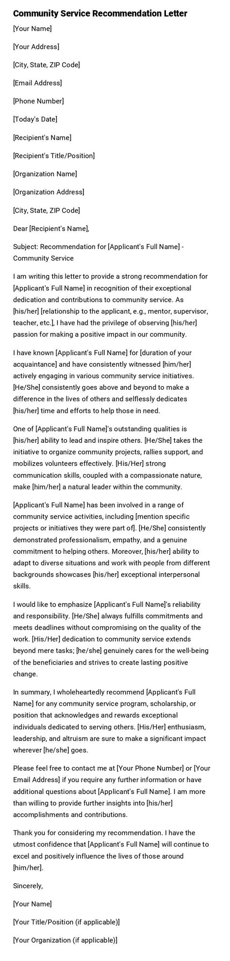 Community Service Recommendation Letter
