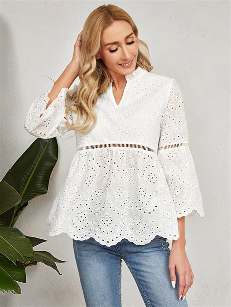 Emery Rose Notch Neck Eyelet Embroidery Scallop Trim Flounce Sleeve