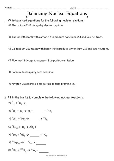 Free Printable Balancing Nuclear Equations Worksheets Worksheets Library