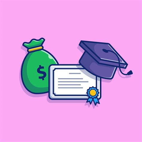 Scholarship Money Bag Graduation Cap And Certificate Cartoon Vector