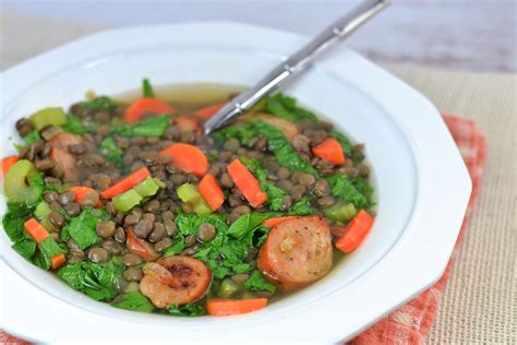 Lemony Lentil Soup With Chicken Sausage And Mustard Greens