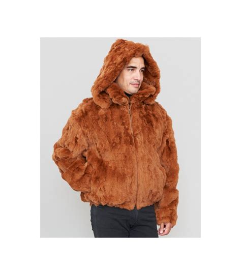 Pieced Rabbit Fur Hooded Bomber Jacket For Men In Whiskey Fursource