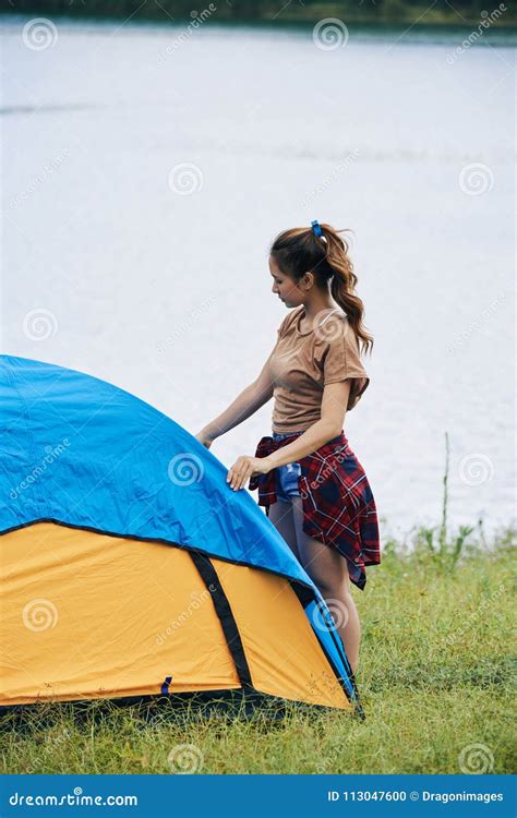 Pretty Woman Setting Up Tent Stock Photo Image Of Shore Summer