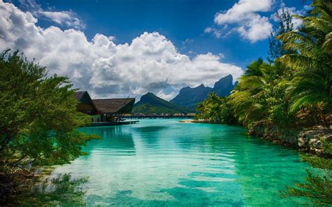 nature landscape bora bora resort island tropical sea beach palm trees clouds mountain turquoise ...