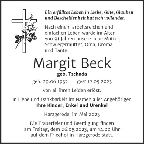 Traueranzeigen Von Margit Beck Abschied Nehmen De