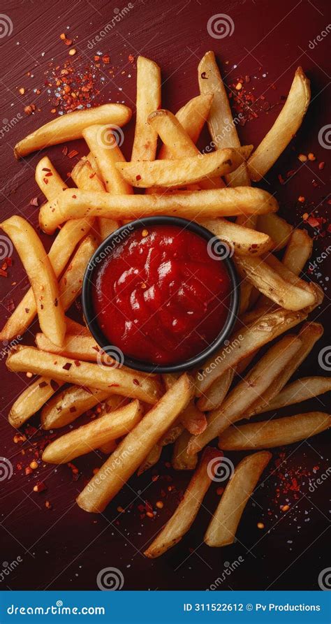 French Fries With Tomato Ketchup Top View Close Up Stock Photo