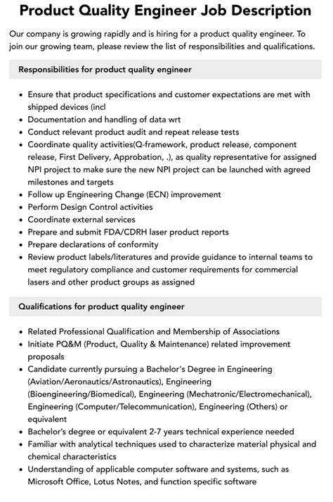 Product Quality Engineer Job Description Velvet Jobs