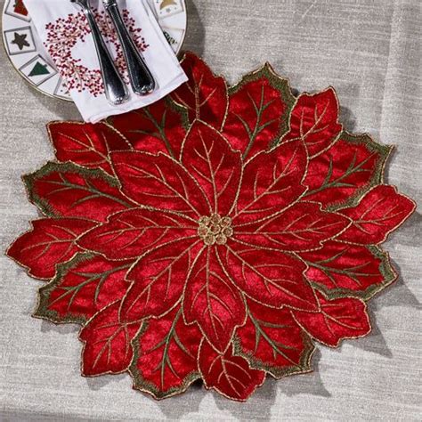 Velvet Poinsettia Shaped Round Holiday Placemat Set Of