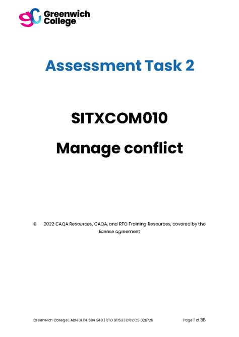 Sitxcom 010 Assessment Task 2 Assessment Task 2 Sitxcom Manage Conflict © 2022 Caqa Resources