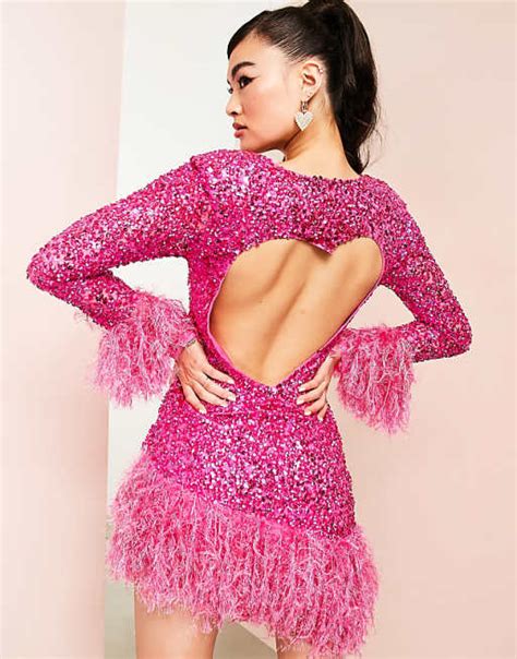 Asos Luxe Embellished Sequin Mini Dress With Heart Back Cut Out And Faux Feather Trim In Pink Asos