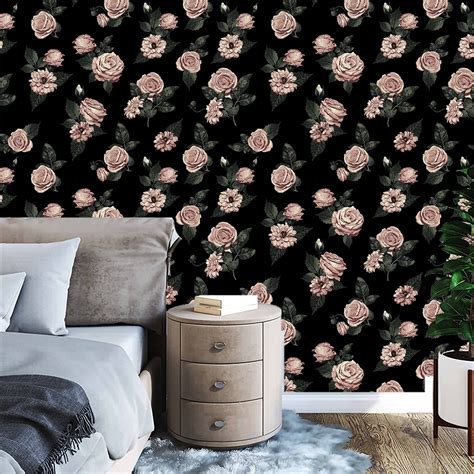 Home Living Black Pink Dark Floral Wallpaper Textured Traditional Or