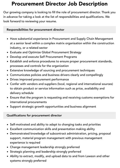 Procurement Director Job Description Velvet Jobs