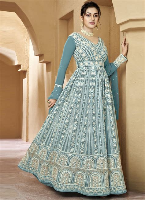 Buy Sky Blue Faux Georgette Embroidered Anarkali Suit Party Wear Online