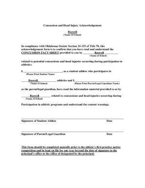 Fillable Online Concussion And Head Injury Acknowledgement Sheet Fax