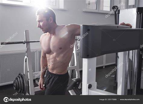 Portrait Muscular Strong Athletic Man Naked Torso Pumping Muscles Gym Stock Photo Amixstudio