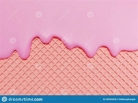 3d Of Ice Cream Cone With Dripping Strawberry Wafer Texture Abstract