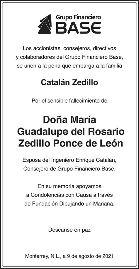 Doña Maria Guadalupe del Rosario Zedillo Ponce de Leon Obituario Esquela