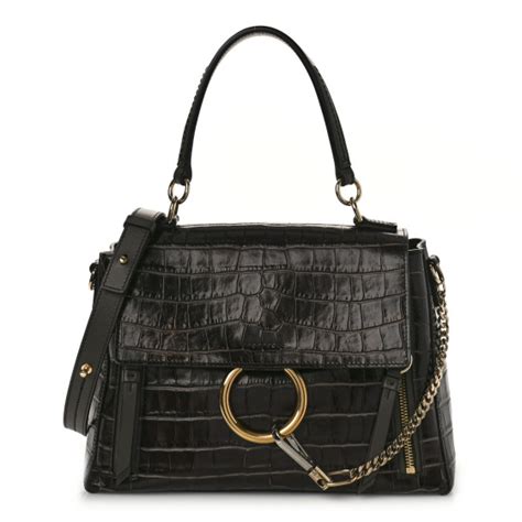 CHLOE Calfskin Crocodile Embossed Small Faye Day Shoulder Bag Profound