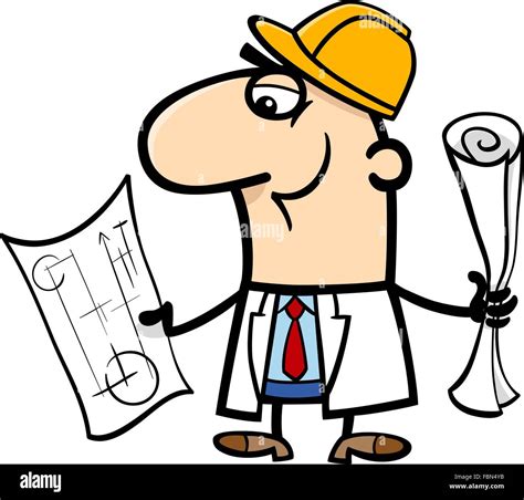 Cartoon Illustration Of Funny Structural Engineer With Plans Stock