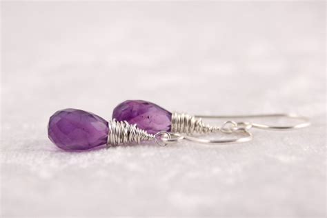 Handmade Amethyst Tear Drop Earrings Wire Wrapped Sterling Silver Ear