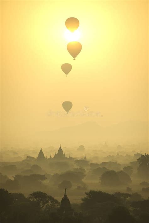Sunrise Scene Hot Air Balloons Fly Over Pagoda Ancient City Field In Bagan Myanmar High Image
