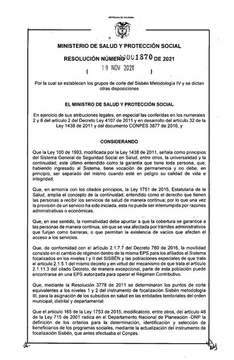 Resoluci N No De Rep Blica De Colombia Ministerio De Salud