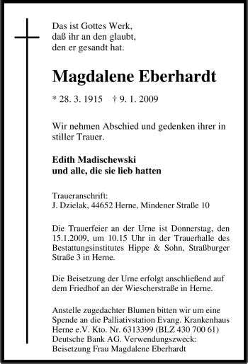 Traueranzeigen Von Magdalene Eberhardt Trauer In Nrw De