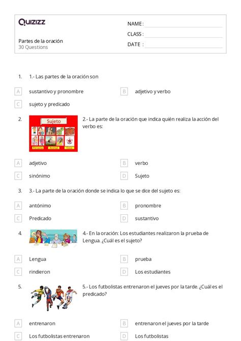 50 Partes de la oración hojas de trabajo para Grado 6 en Quizizz