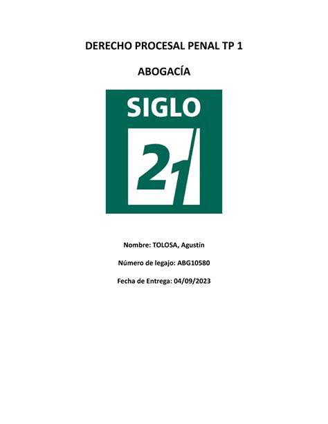Derecho Procesal Penal Tp Agustin Tolosa Derecho Procesal Penal