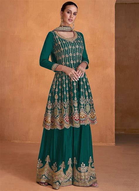 Shop Women Green Faux Georgette Embroidered Sequins Palazzo Suits And