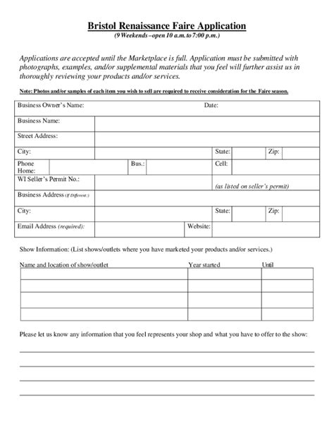 Fillable Online Bristol Renaissance Faire Application Fax Email Print