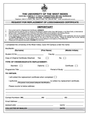 Application For Replacement Certificate The University Of The West