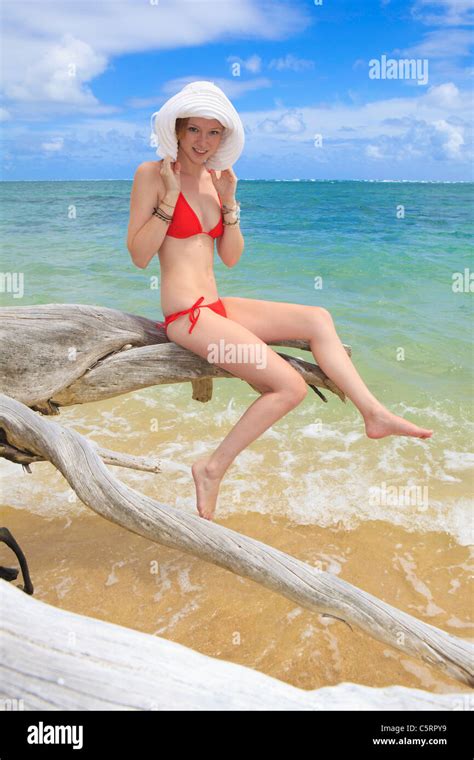 Mädchen im roten Bikini und Hut sitzt auf einem abgestorbenen Baum am Meer Stockfotografie Alamy