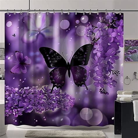 Chic Floral Butterfly Shower Curtain Purple Black White Bathroom Decor