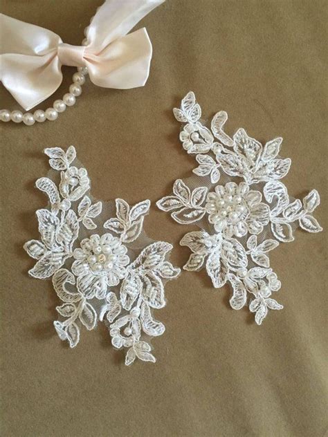 Pcs Ivory Alencon Lace Applique Beaded Sequined Patch For Etsy