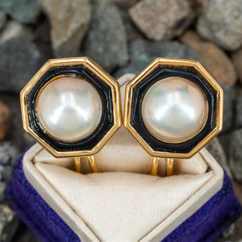 Fabulous Vintage Mab Pearl Onyx Earrings K Yellow Gold