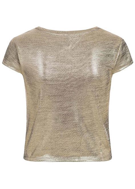 Only Damen Lurex T Shirt Mit Knotendetail Vorne Glitzer Allover Frosted