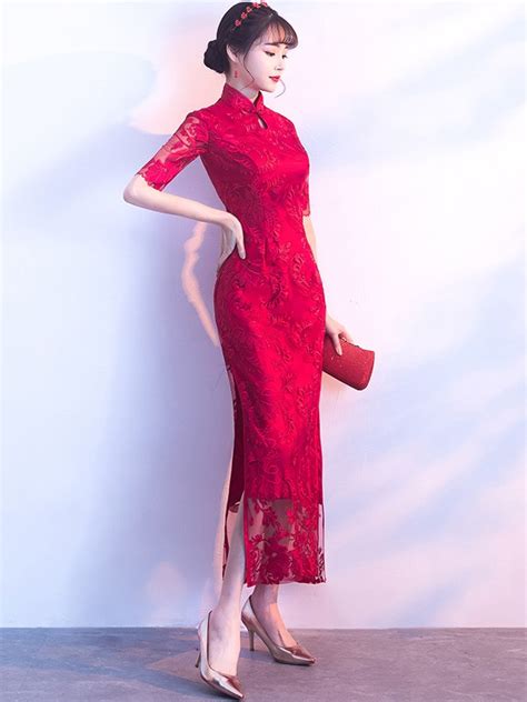 Embroidered Long Qipao Cheongsam Dress With Split Cozyladywear