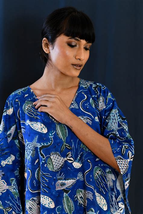 Long Flowy Cotton Kaftan Maxi Dress Tropical Dress Ocean Print Beach Cover Up Swimsuit Bikini