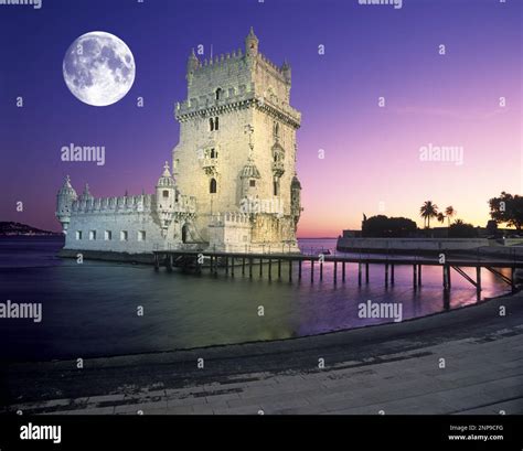 Full Moon Belem Tower River Tagus Lisbon Portugal Stock Photo Alamy