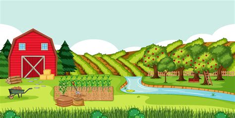 Farm scene with red barn in field landscape 2062821 Vector Art at Vecteezy